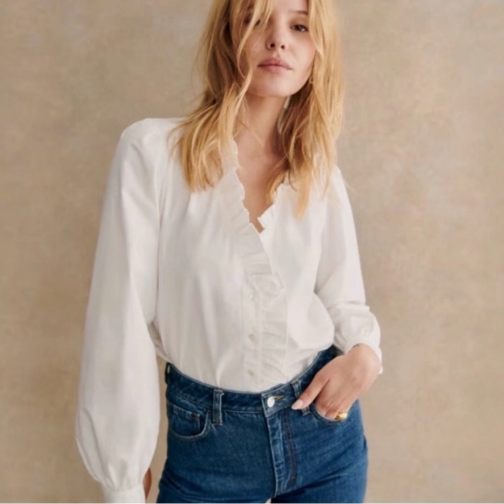 Sezane White Ruffle V-Neck Blouse
